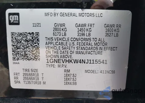 2022 Chevrolet Traverse Awd Lt Leather z USA, uszkodzony, nr VIN 1GNEVHKW4NJ115541